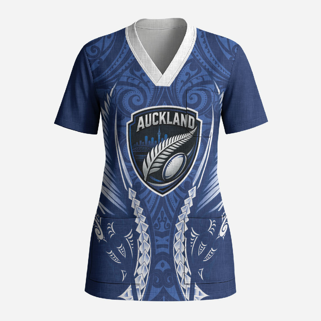 Auckland 2026 Rugby Custom Scrub Top NZ Maori Silver Fern LT14 Adult Blue - Polynesian Pride