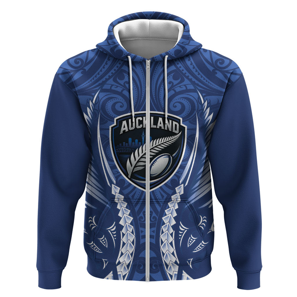 Auckland 2026 Rugby Custom Zip Hoodie NZ Maori Silver Fern LT14 Zip Hoodie Blue - Polynesian Pride