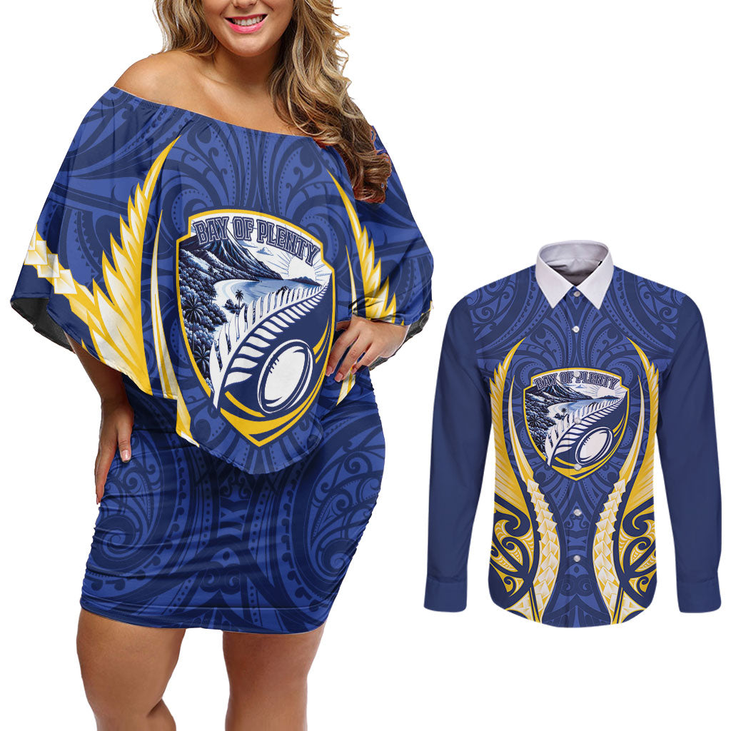 Bay of Plenty 2026 Rugby Custom Couples Matching Off Shoulder Short Dress and Long Sleeve Button Shirt NZ Maori Silver Fern LT14 Blue - Polynesian Pride