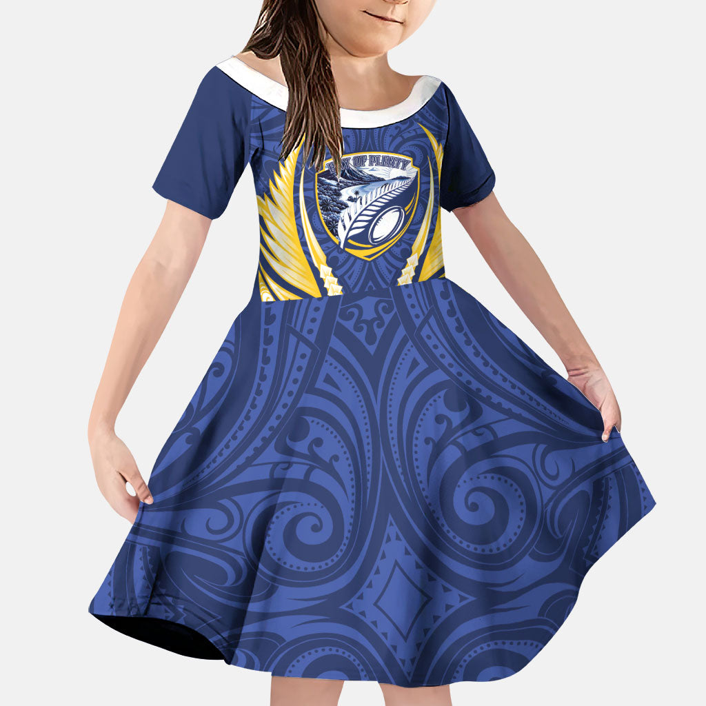Bay of Plenty 2026 Rugby Custom Family Matching Off Shoulder Maxi Dress and Hawaiian Shirt NZ Maori Silver Fern LT14 Daughter's Dress Blue - Polynesian Pride