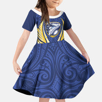 Bay of Plenty 2026 Rugby Custom Family Matching Off Shoulder Maxi Dress and Hawaiian Shirt NZ Maori Silver Fern LT14 Daughter's Dress Blue - Polynesian Pride
