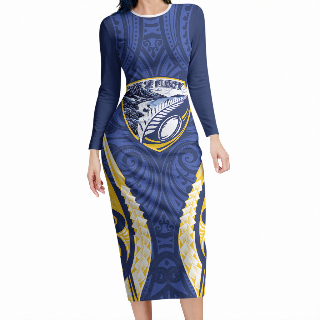 Bay of Plenty 2026 Rugby Custom Long Sleeve Bodycon Dress NZ Maori Silver Fern LT14 Long Dress Blue - Polynesian Pride