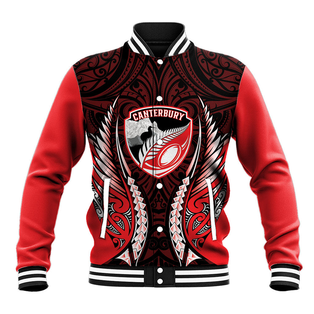 Canterbury 2026 Rugby Custom Baseball Jacket NZ Maori Silver Fern LT14 Unisex Red - Polynesian Pride