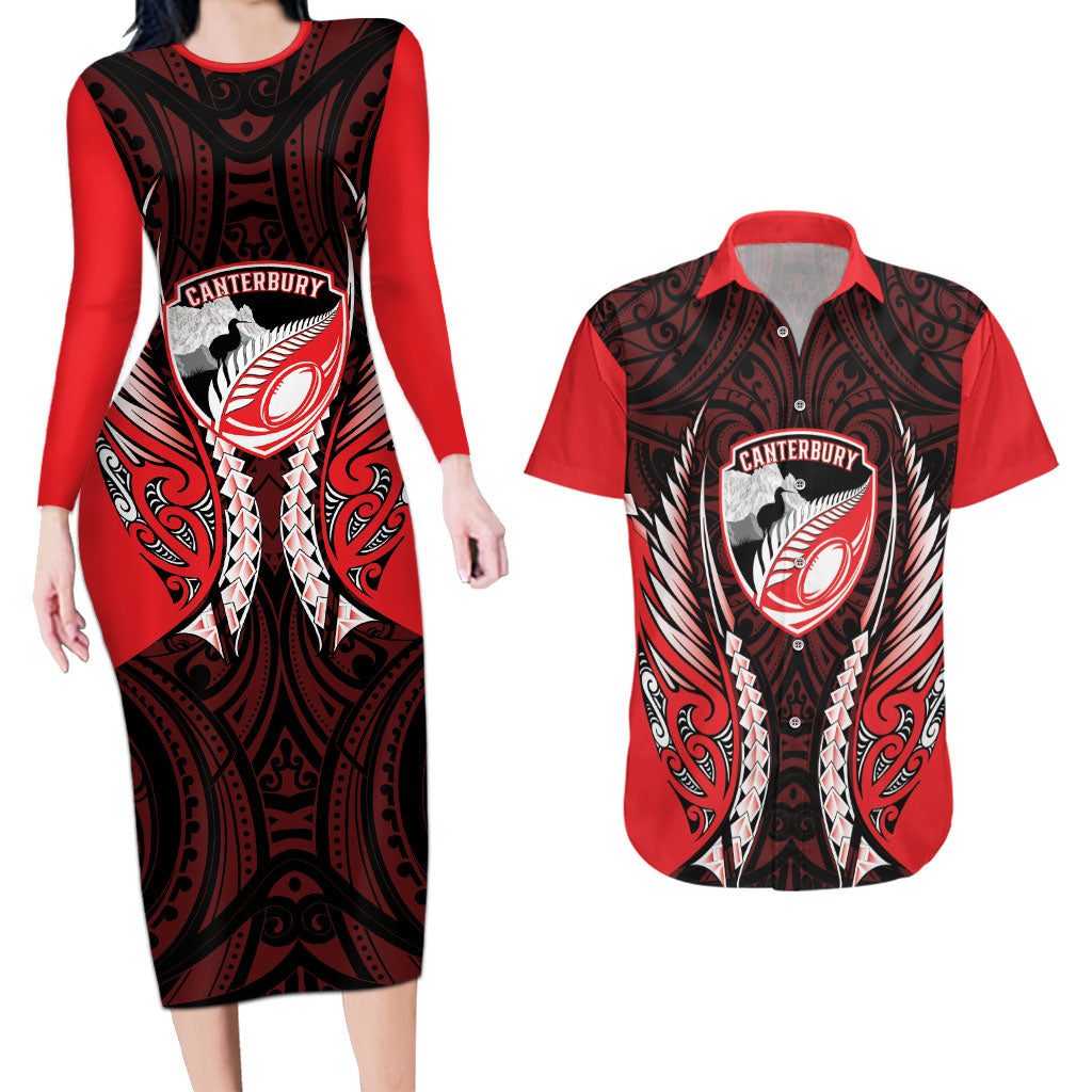 Canterbury 2026 Rugby Custom Couples Matching Long Sleeve Bodycon Dress and Hawaiian Shirt NZ Maori Silver Fern