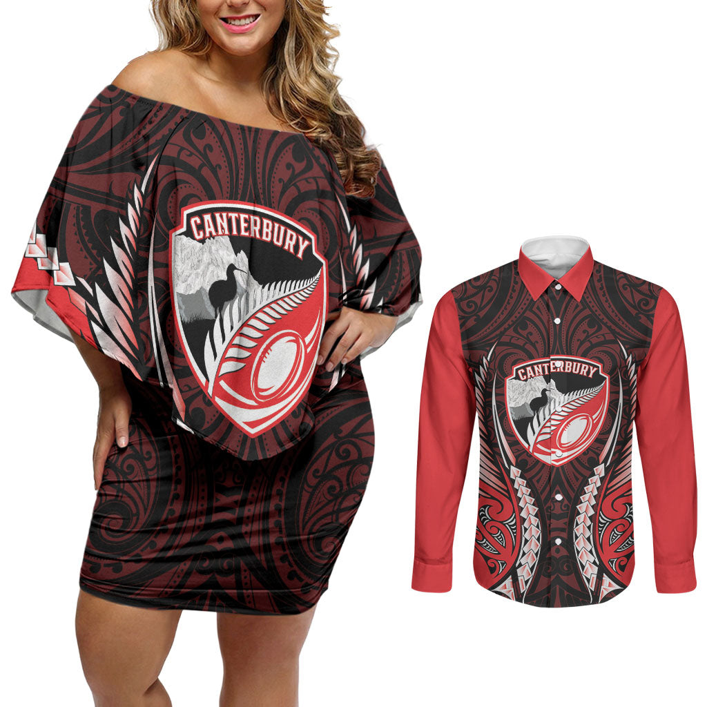 Canterbury 2026 Rugby Custom Couples Matching Off Shoulder Short Dress and Long Sleeve Button Shirt NZ Maori Silver Fern LT14 Red - Polynesian Pride