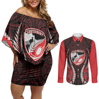 Canterbury 2026 Rugby Custom Couples Matching Off Shoulder Short Dress and Long Sleeve Button Shirt NZ Maori Silver Fern LT14 Red - Polynesian Pride