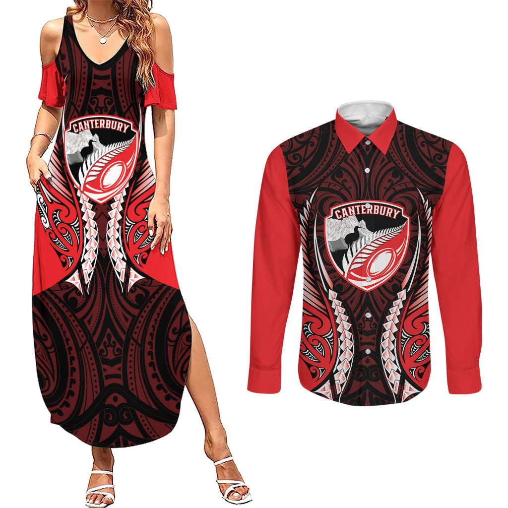Canterbury 2026 Rugby Custom Couples Matching Summer Maxi Dress and Long Sleeve Button Shirt NZ Maori Silver Fern LT14 Red - Polynesian Pride