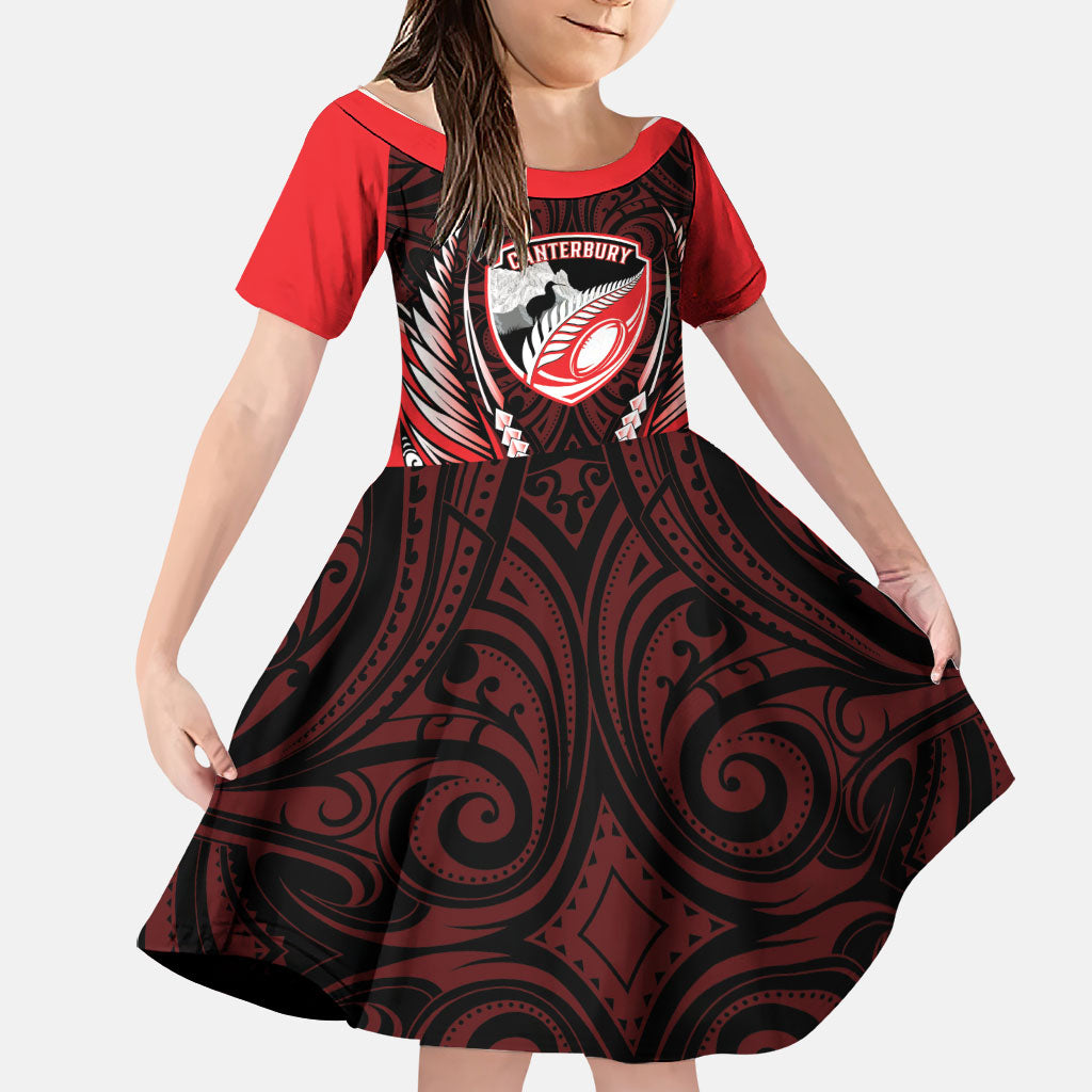 Canterbury 2026 Rugby Custom Family Matching Off Shoulder Maxi Dress and Hawaiian Shirt NZ Maori Silver Fern LT14 Daughter's Dress Red - Polynesian Pride
