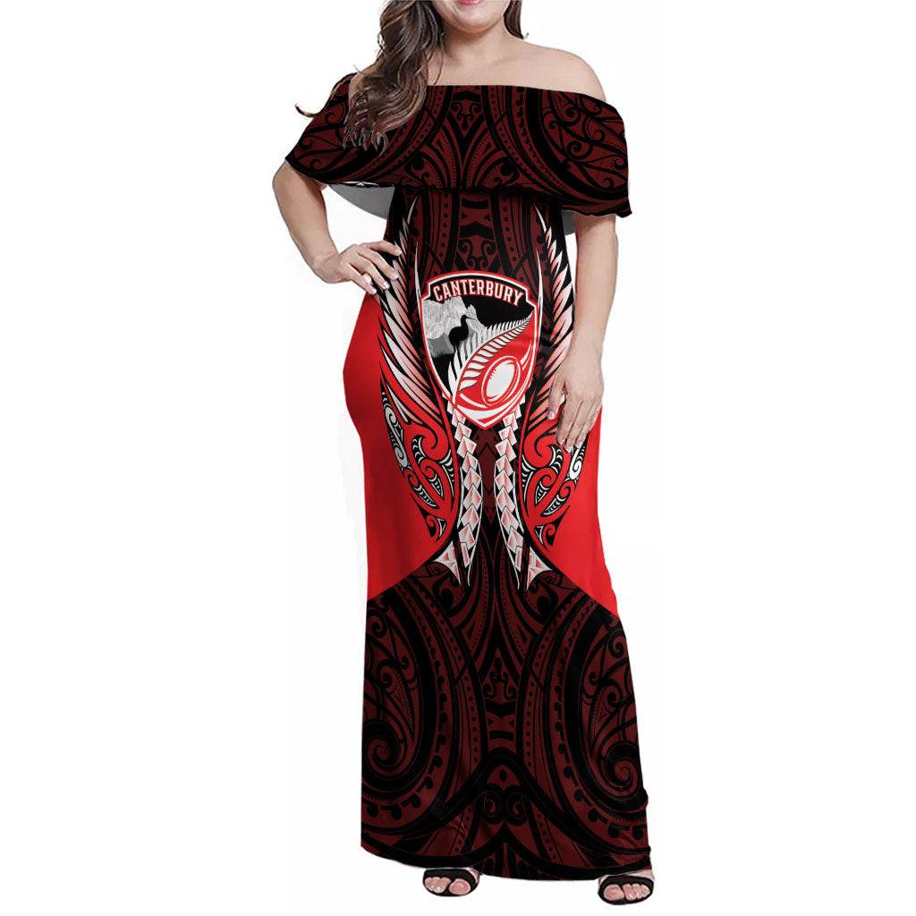 Canterbury 2026 Rugby Custom Family Matching Off Shoulder Maxi Dress and Hawaiian Shirt NZ Maori Silver Fern LT14 Mom's Dress Red - Polynesian Pride