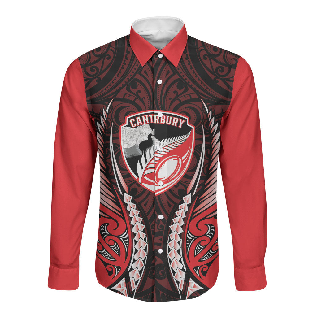 Canterbury 2026 Rugby Custom Long Sleeve Button Shirt NZ Maori Silver Fern LT14 Unisex Red - Polynesian Pride