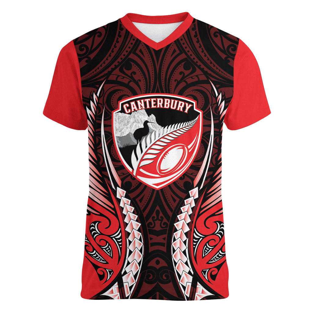 Canterbury 2026 Rugby Custom Women V-Neck T-Shirt NZ Maori Silver Fern LT14 Female Red - Polynesian Pride