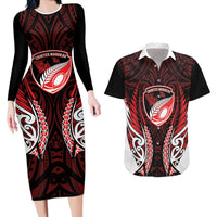 Counties Manukau 2026 Rugby Custom Couples Matching Long Sleeve Bodycon Dress and Hawaiian Shirt NZ Maori Silver Fern LT14 Red - Polynesian Pride