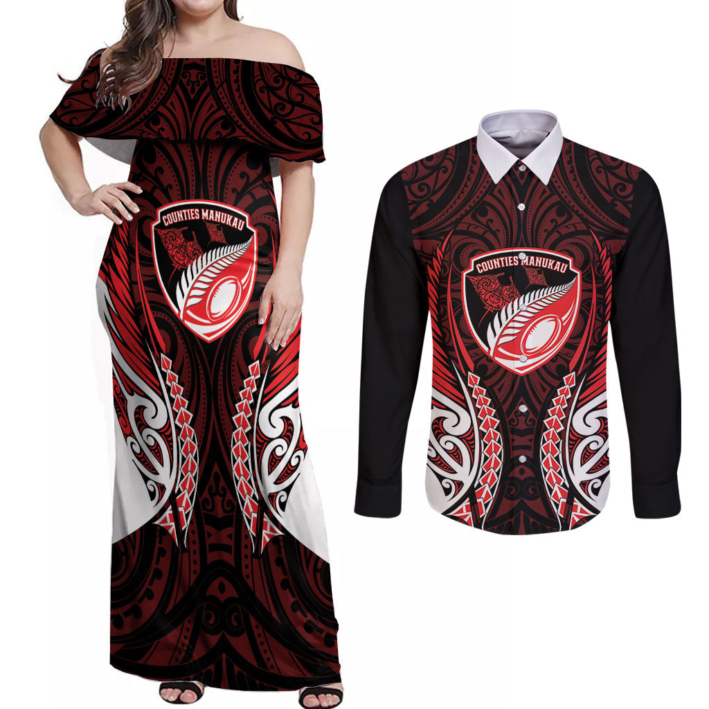 Counties Manukau 2026 Rugby Custom Couples Matching Off Shoulder Maxi Dress and Long Sleeve Button Shirt NZ Maori Silver Fern LT14 Red - Polynesian Pride
