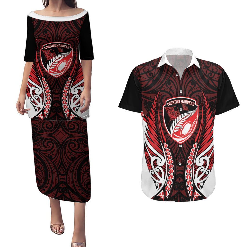 Counties Manukau 2026 Rugby Custom Couples Matching Puletasi and Hawaiian Shirt NZ Maori Silver Fern LT14 Red - Polynesian Pride