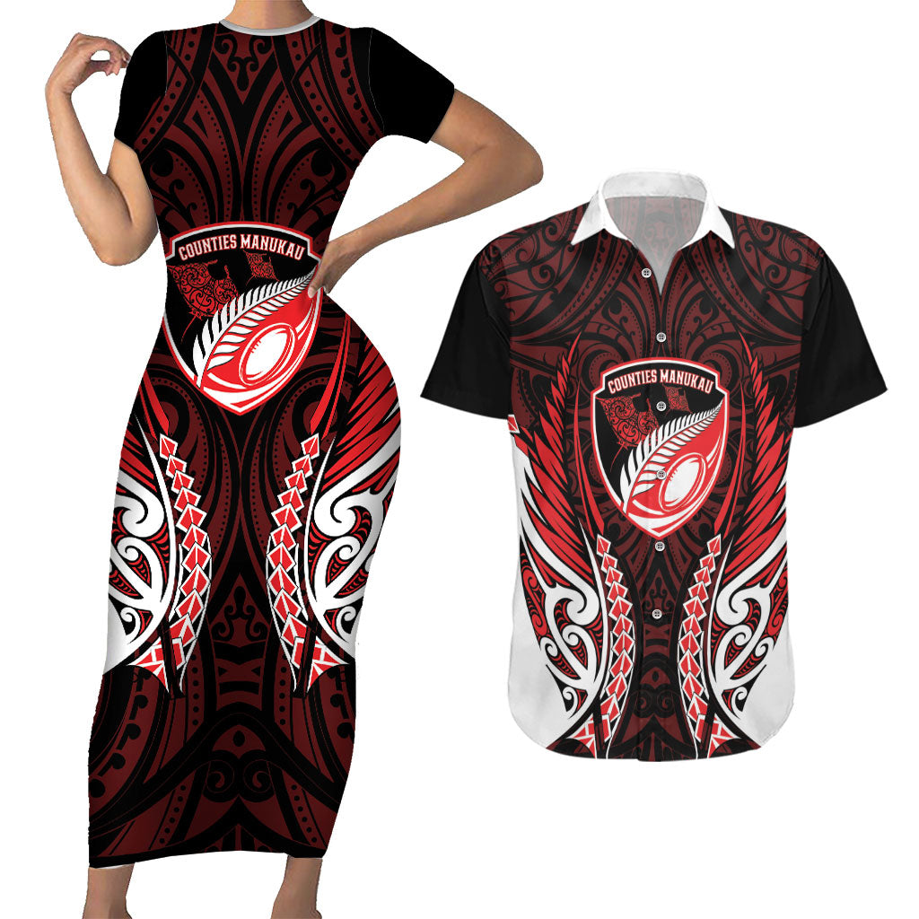 Counties Manukau 2026 Rugby Custom Couples Matching Short Sleeve Bodycon Dress and Hawaiian Shirt NZ Maori Silver Fern LT14 Red - Polynesian Pride