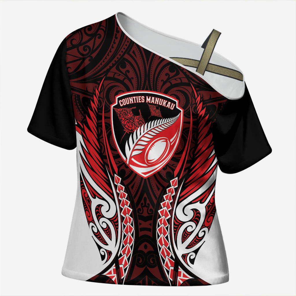 Counties Manukau 2026 Rugby Custom Cross Shoulder Shirt NZ Maori Silver Fern LT14 Female Red - Polynesian Pride