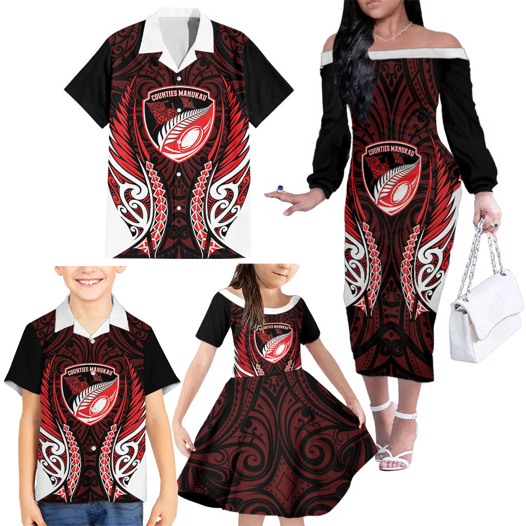 Counties Manukau 2026 Rugby Custom Family Matching Off The Shoulder Long Sleeve Dress and Hawaiian Shirt NZ Maori Silver Fern LT14 - Polynesian Pride