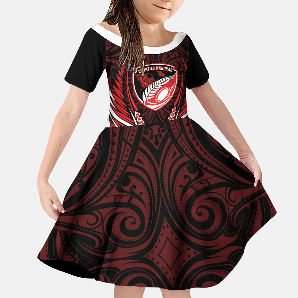 Counties Manukau 2026 Rugby Custom Family Matching Off Shoulder Maxi Dress and Hawaiian Shirt NZ Maori Silver Fern LT14 Daughter's Dress Red - Polynesian Pride