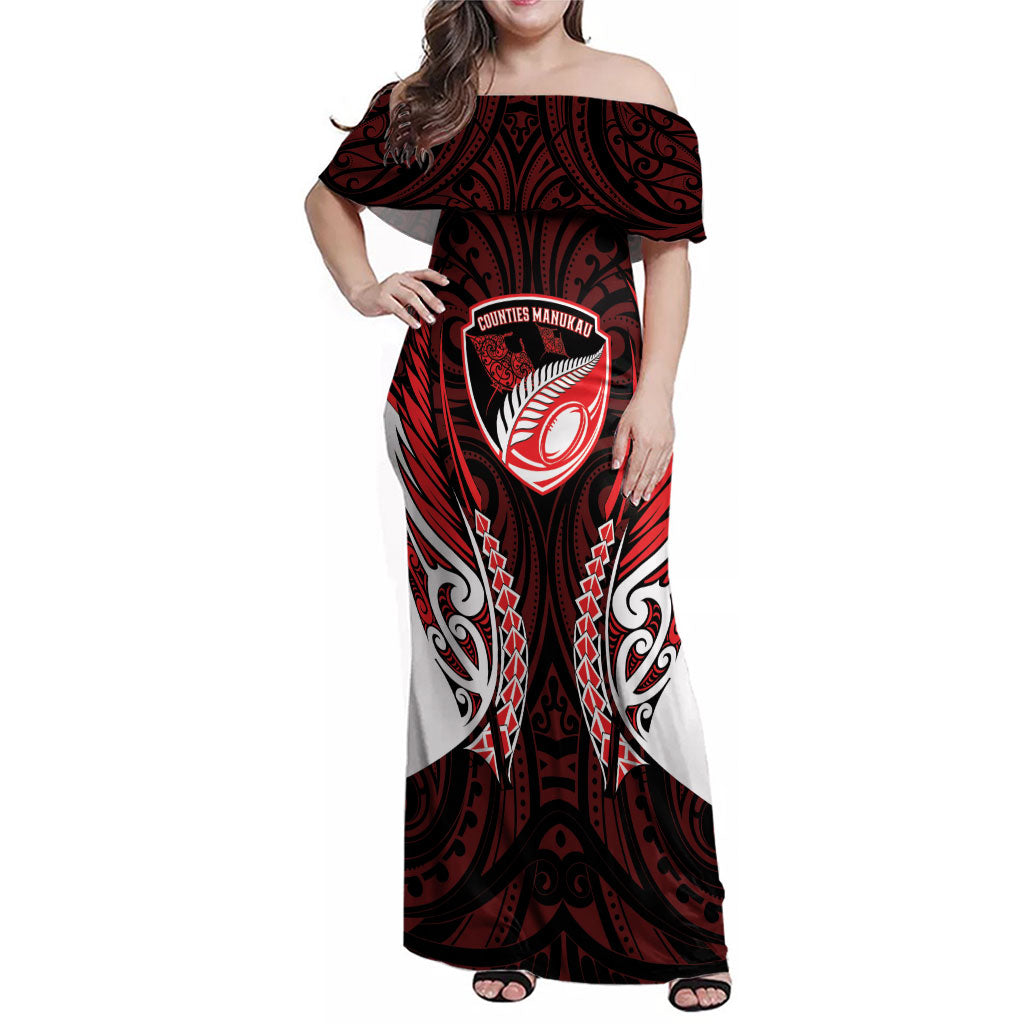 Counties Manukau 2026 Rugby Custom Family Matching Off Shoulder Maxi Dress and Hawaiian Shirt NZ Maori Silver Fern LT14 Mom's Dress Red - Polynesian Pride