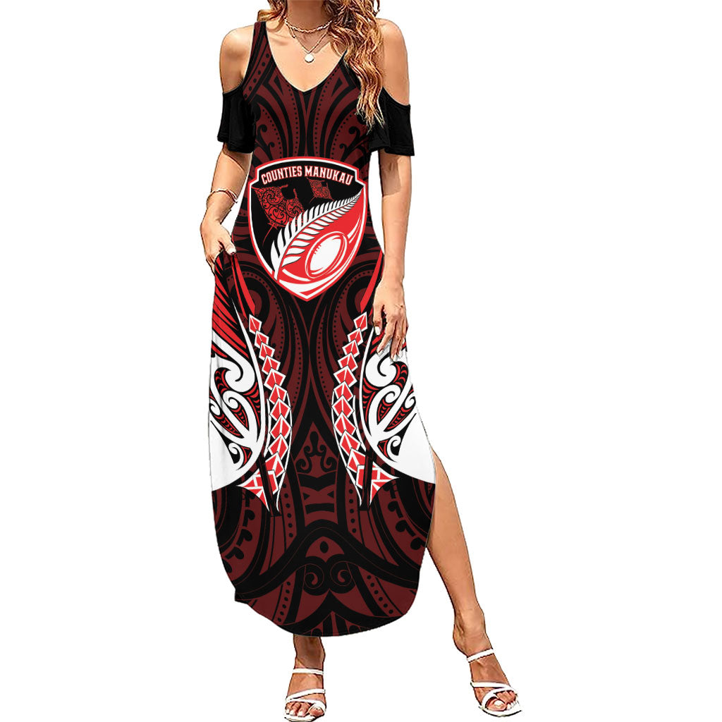 Counties Manukau 2026 Rugby Custom Family Matching Summer Maxi Dress and Hawaiian Shirt NZ Maori Silver Fern LT14 Mom's Dress Red - Polynesian Pride