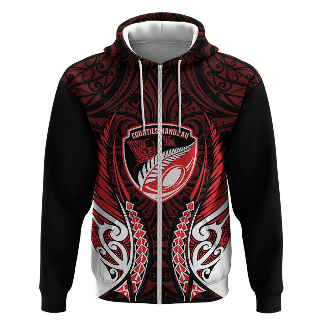 Counties Manukau 2026 Rugby Custom Hoodie NZ Maori Silver Fern LT14 Zip Hoodie Red - Polynesian Pride