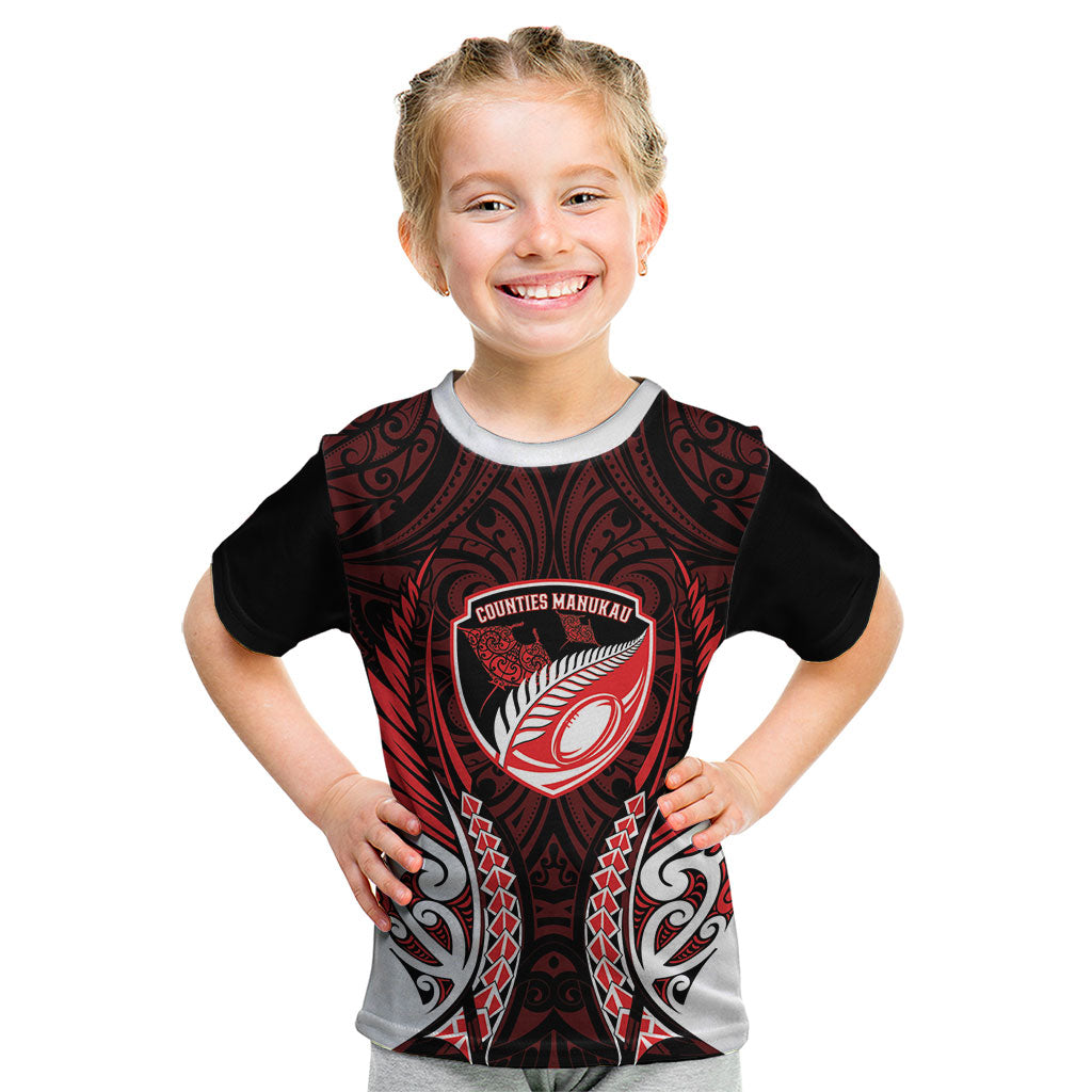 Counties Manukau 2026 Rugby Custom Kid T Shirt NZ Maori Silver Fern LT14 Red - Polynesian Pride