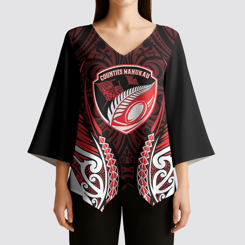 Counties Manukau 2026 Rugby Custom Kimono Sleeve Blouse NZ Maori Silver Fern LT14 - Polynesian Pride
