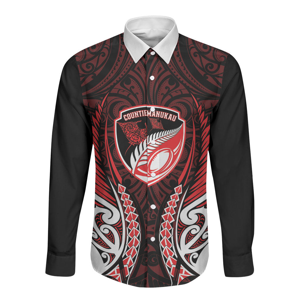 Counties Manukau 2026 Rugby Custom Long Sleeve Button Shirt NZ Maori Silver Fern LT14 Unisex Red - Polynesian Pride