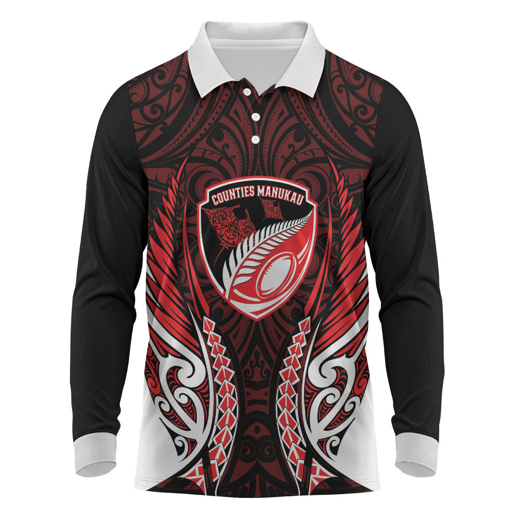 Counties Manukau 2026 Rugby Custom Long Sleeve Polo Shirt NZ Maori Silver Fern LT14 Red - Polynesian Pride