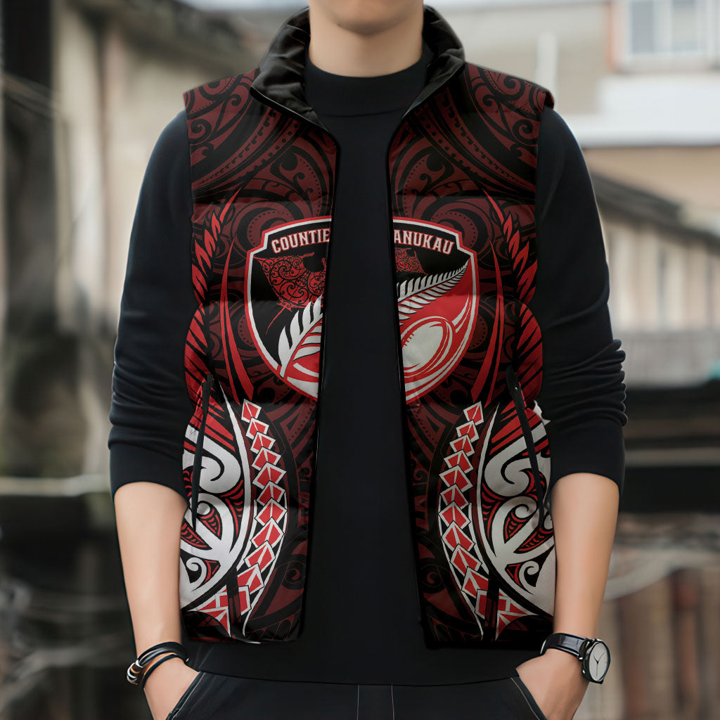 Counties Manukau 2026 Rugby Custom Sleeveless Puffer Jacket NZ Maori Silver Fern LT14 - Polynesian Pride