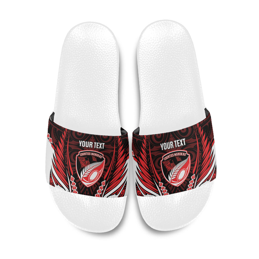 Counties Manukau 2026 Rugby Custom Slide Sandals NZ Maori Silver Fern LT14 Red - Polynesian Pride