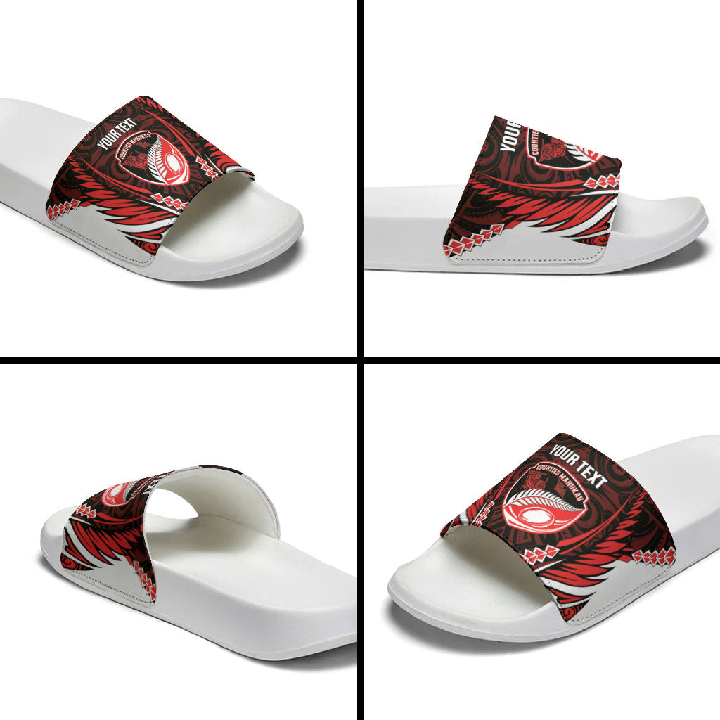 Counties Manukau 2026 Rugby Custom Slide Sandals NZ Maori Silver Fern LT14 - Polynesian Pride