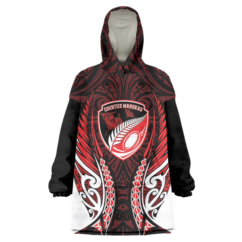 Counties Manukau 2026 Rugby Custom Wearable Blanket Hoodie NZ Maori Silver Fern LT14 One Size Red - Polynesian Pride