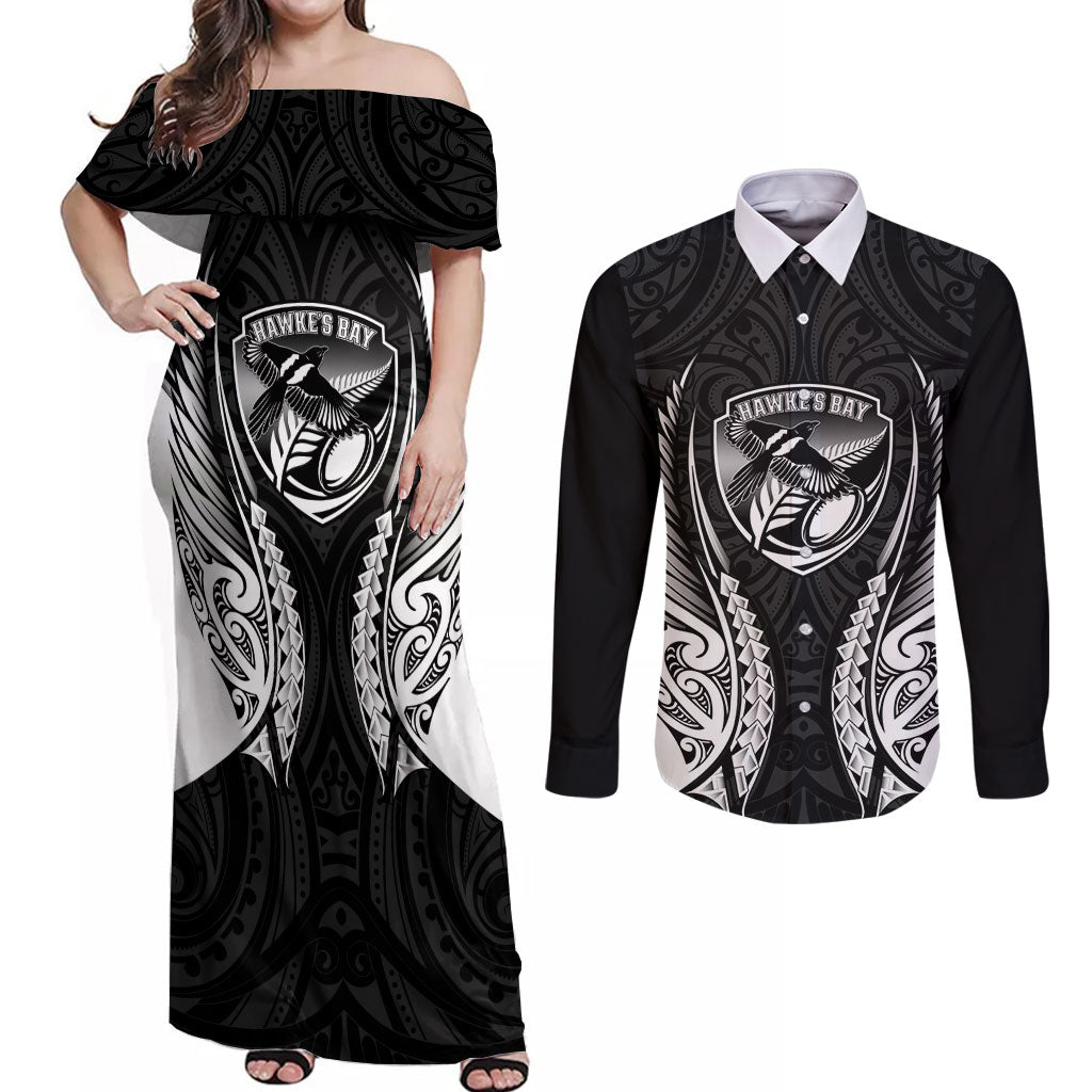 Hawke's Bay 2026 Rugby Custom Couples Matching Off Shoulder Maxi Dress and Long Sleeve Button Shirt NZ Maori Silver Fern LT14 Black - Polynesian Pride