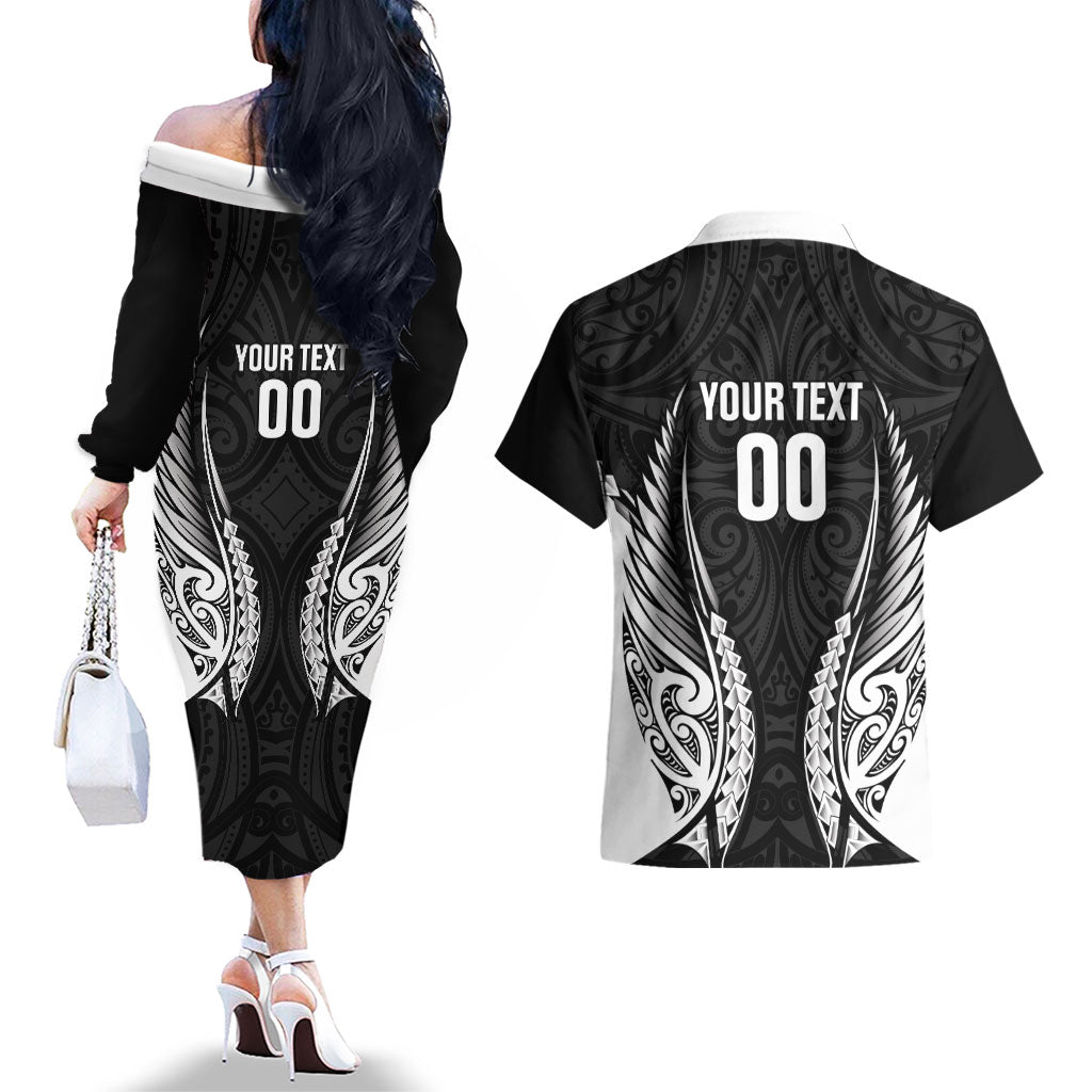 Hawke's Bay 2026 Rugby Custom Couples Matching Off The Shoulder Long Sleeve Dress and Hawaiian Shirt NZ Maori Silver Fern LT14 - Polynesian Pride
