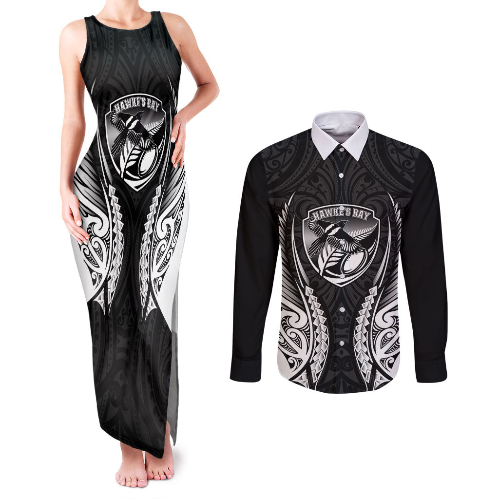 Hawke's Bay 2026 Rugby Custom Couples Matching Tank Maxi Dress and Long Sleeve Button Shirt NZ Maori Silver Fern LT14 Black - Polynesian Pride