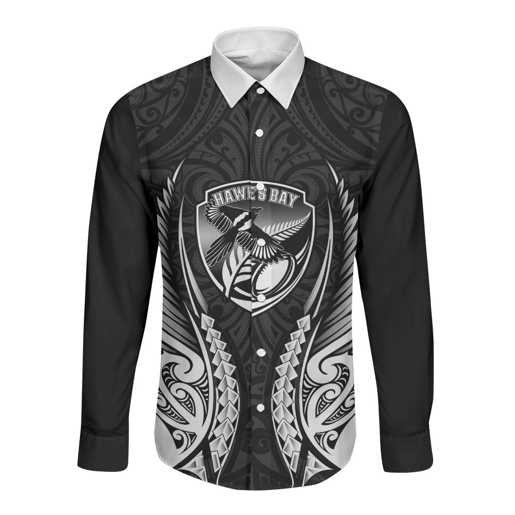 Hawke's Bay 2026 Rugby Custom Long Sleeve Button Shirt NZ Maori Silver Fern LT14 Unisex Black - Polynesian Pride