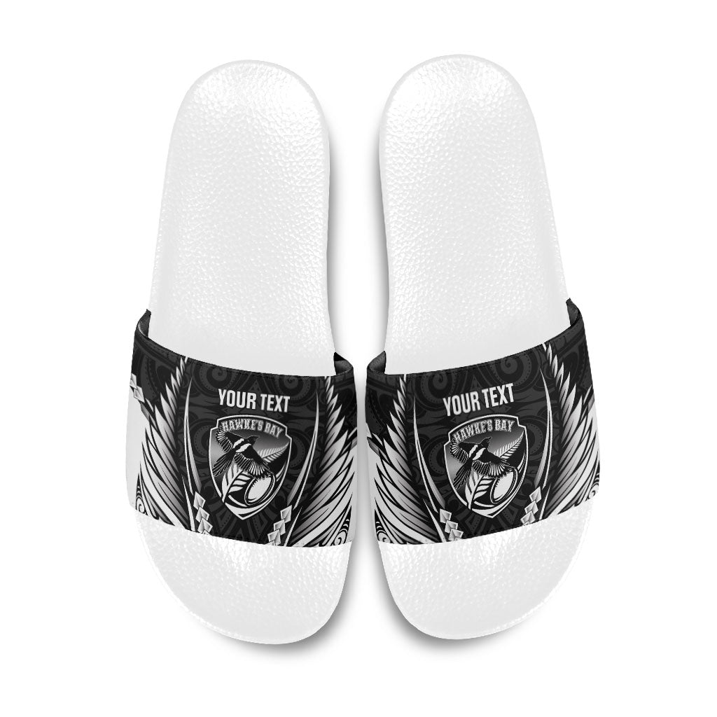 Hawke's Bay 2026 Rugby Custom Slide Sandals NZ Maori Silver Fern LT14 Black - Polynesian Pride