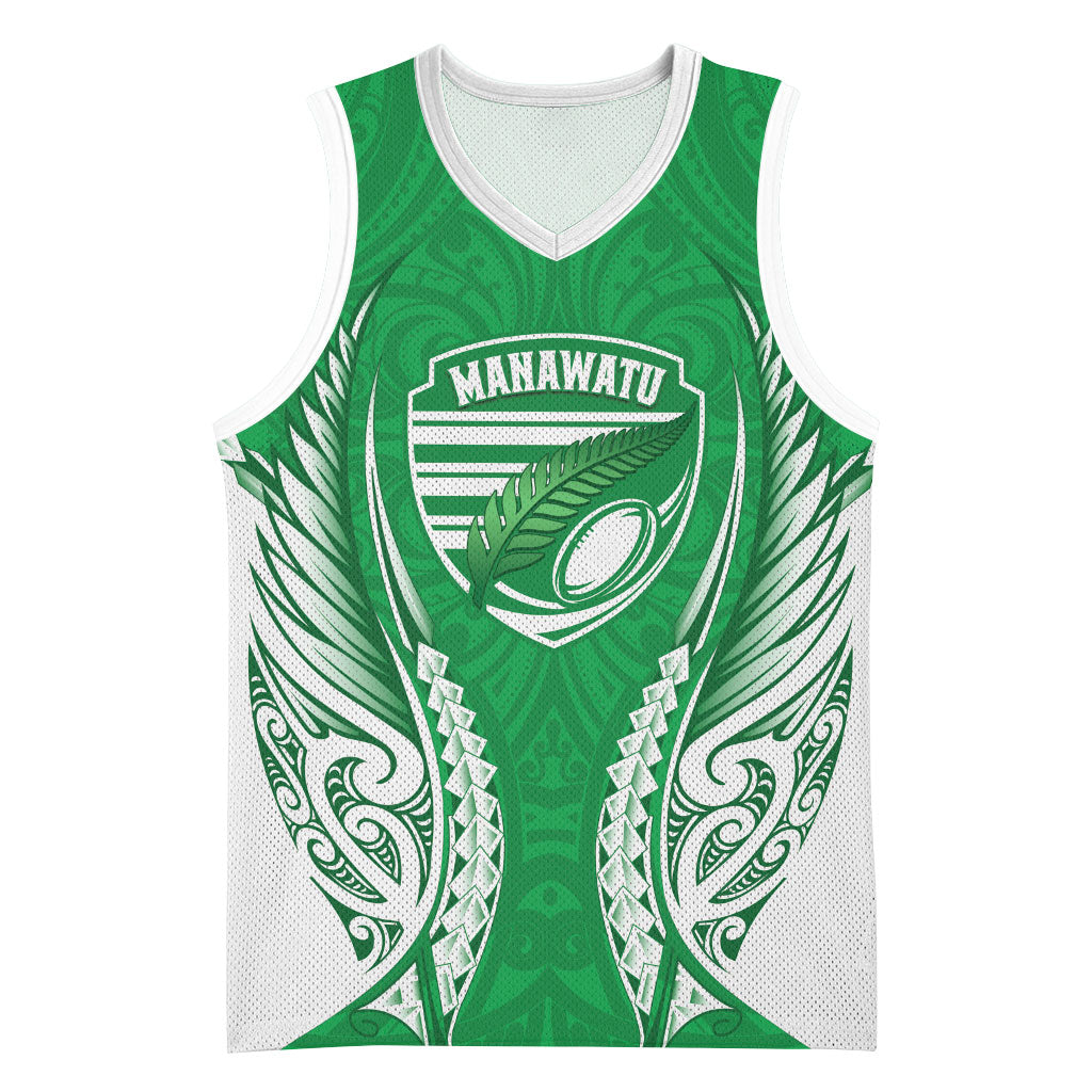 Manawatu 2026 Rugby Custom Basketball Jersey NZ Maori Silver Fern LT14 Unisex Green - Polynesian Pride