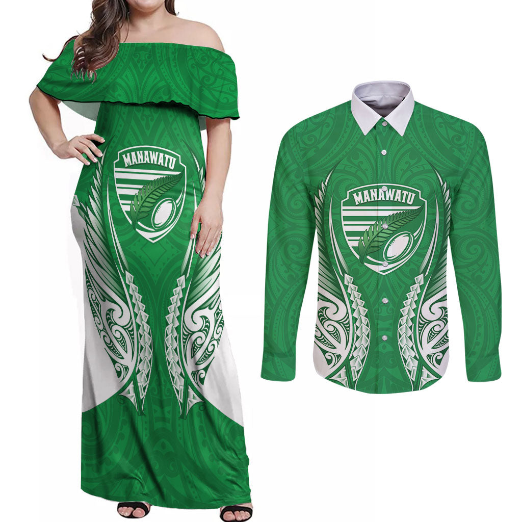 Manawatu 2026 Rugby Custom Couples Matching Off Shoulder Maxi Dress and Long Sleeve Button Shirt NZ Maori Silver Fern