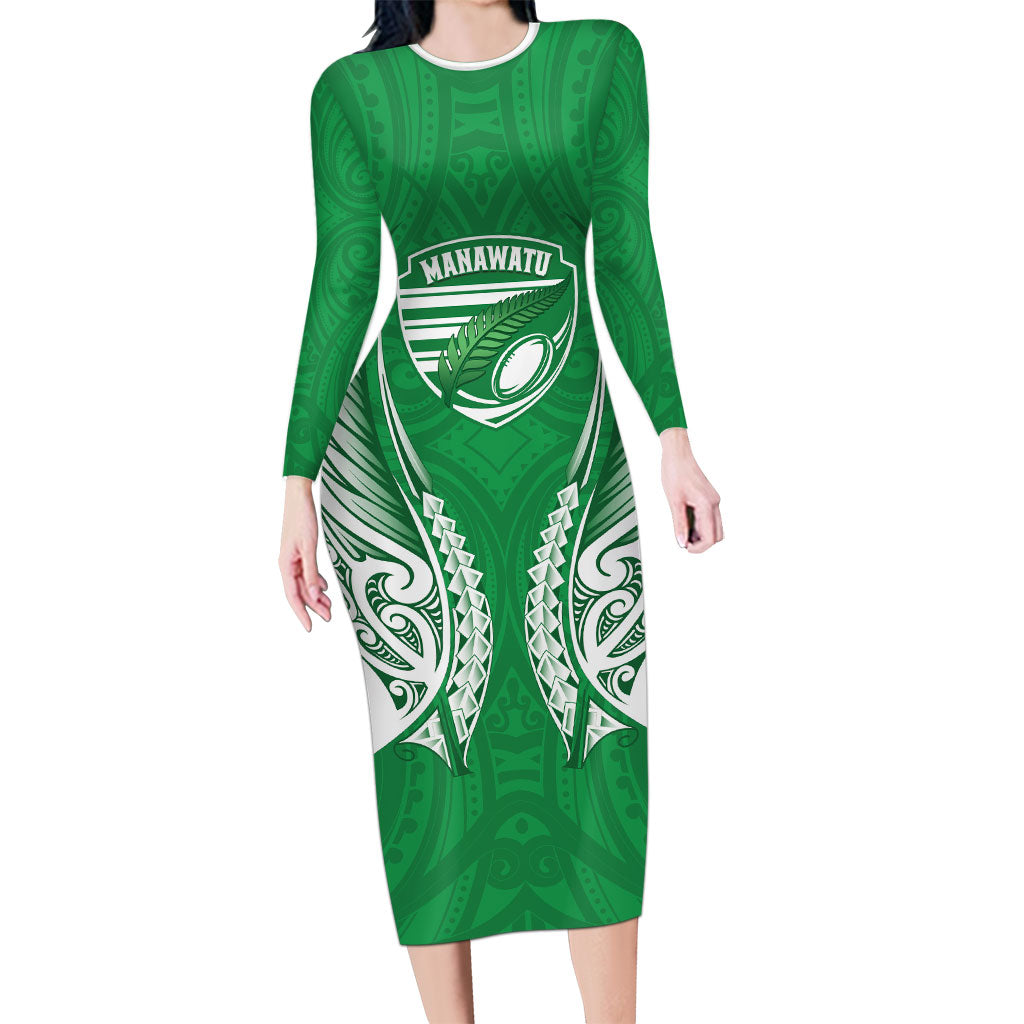 Manawatu 2026 Rugby Custom Family Matching Long Sleeve Bodycon Dress and Hawaiian Shirt NZ Maori Silver Fern LT14 Mom's Dress Green - Polynesian Pride