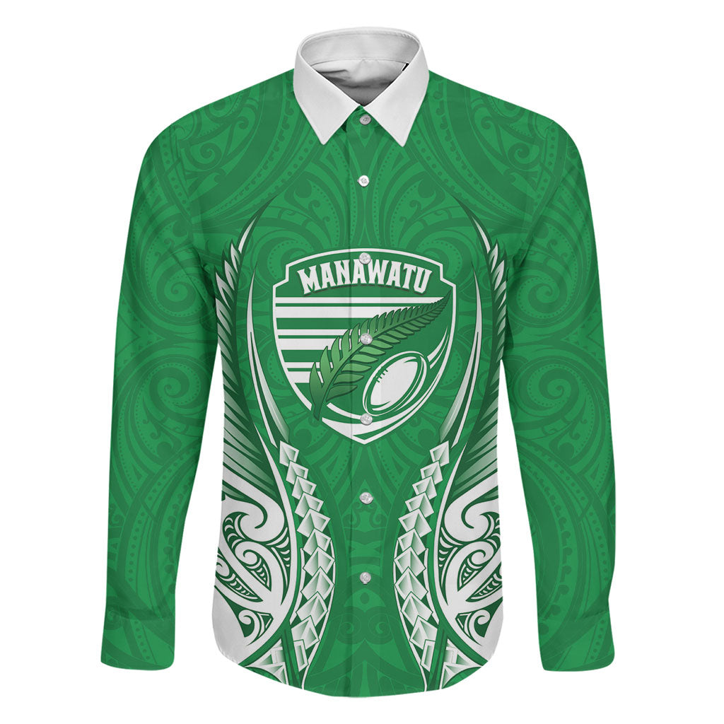 Manawatu 2026 Rugby Custom Family Matching Mermaid Dress and Hawaiian Shirt NZ Maori Silver Fern LT14 Dad's Shirt - Long Sleeve Green - Polynesian Pride