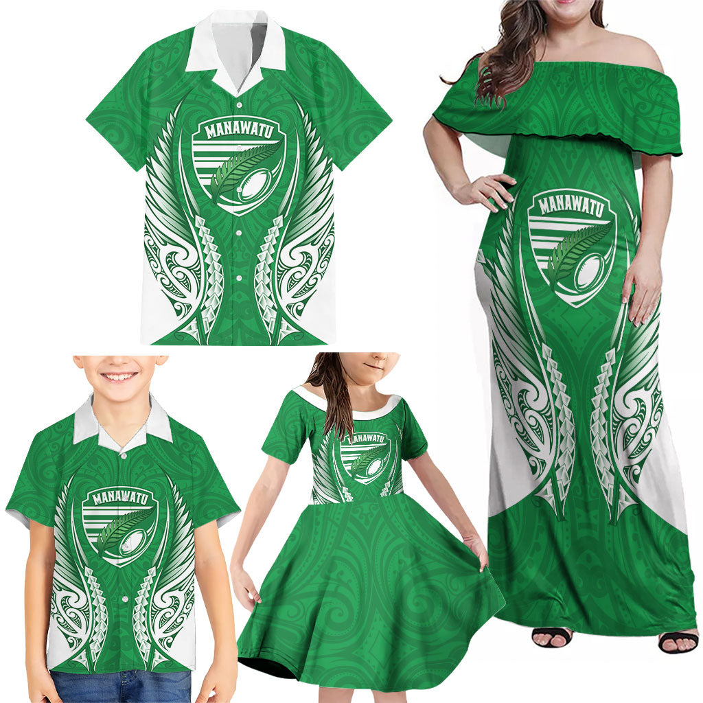 Manawatu 2026 Rugby Custom Family Matching Off Shoulder Maxi Dress and Hawaiian Shirt NZ Maori Silver Fern LT14 - Polynesian Pride
