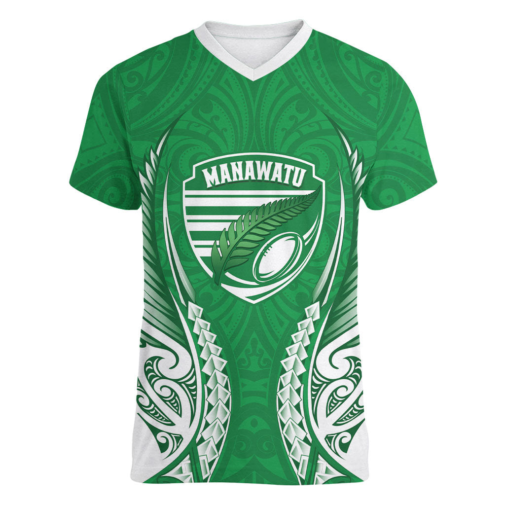 Manawatu 2026 Rugby Custom Women V-Neck T-Shirt NZ Maori Silver Fern LT14 Female Green - Polynesian Pride