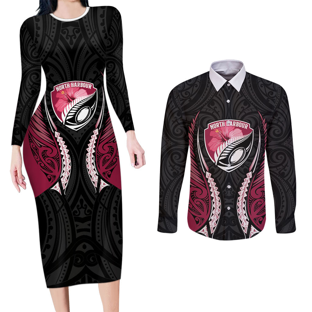 North Harbour 2026 Rugby Custom Couples Matching Long Sleeve Bodycon Dress and Long Sleeve Button Shirt NZ Maori Silver Fern LT14 Maroon - Polynesian Pride