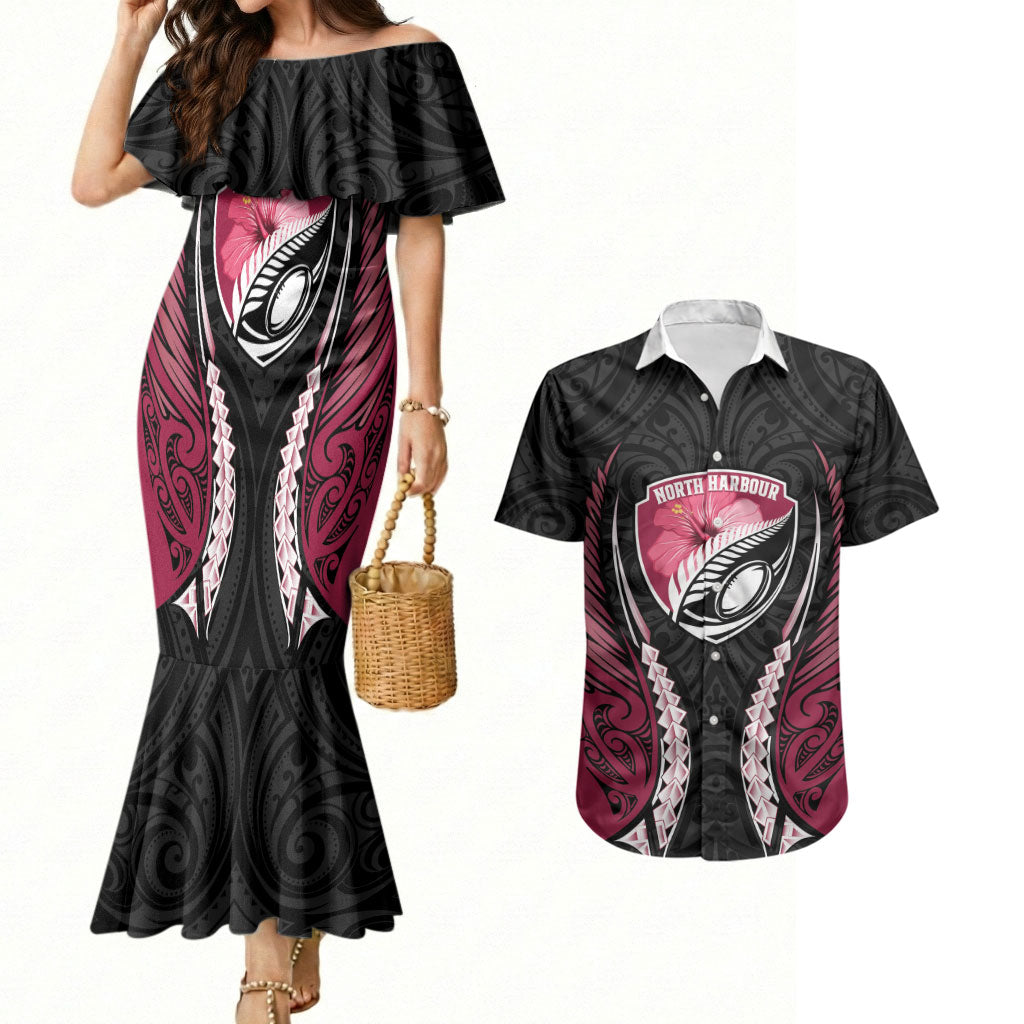 North Harbour 2026 Rugby Custom Couples Matching Mermaid Dress and Hawaiian Shirt NZ Maori Silver Fern LT14 Maroon - Polynesian Pride