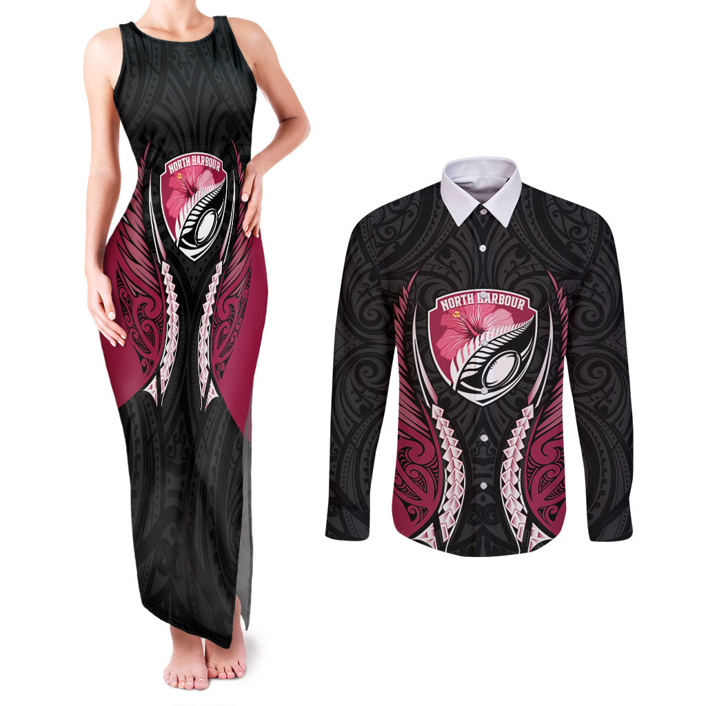 North Harbour 2026 Rugby Custom Couples Matching Tank Maxi Dress and Long Sleeve Button Shirt NZ Maori Silver Fern LT14 Maroon - Polynesian Pride