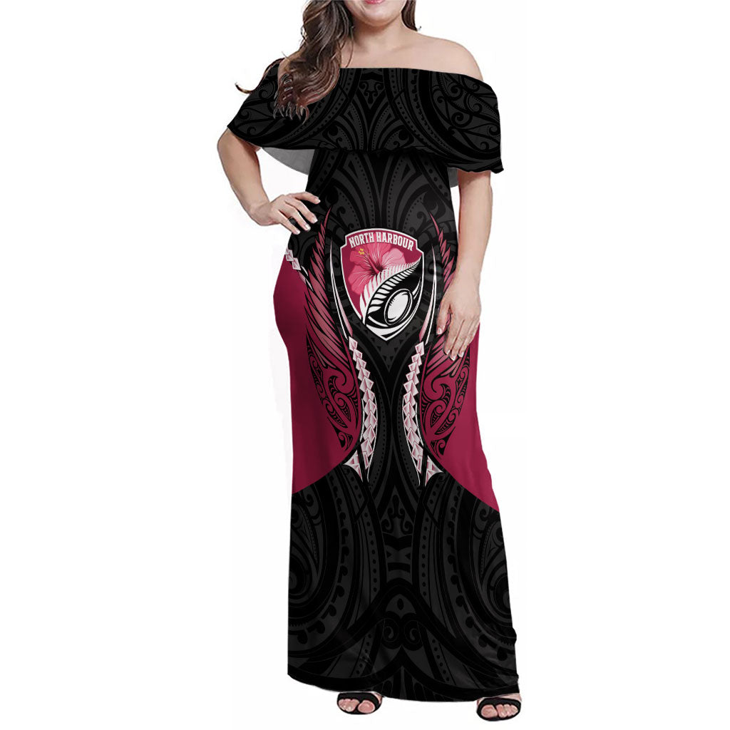 North Harbour 2026 Rugby Custom Family Matching Off Shoulder Maxi Dress and Hawaiian Shirt NZ Maori Silver Fern LT14 Mom's Dress Maroon - Polynesian Pride