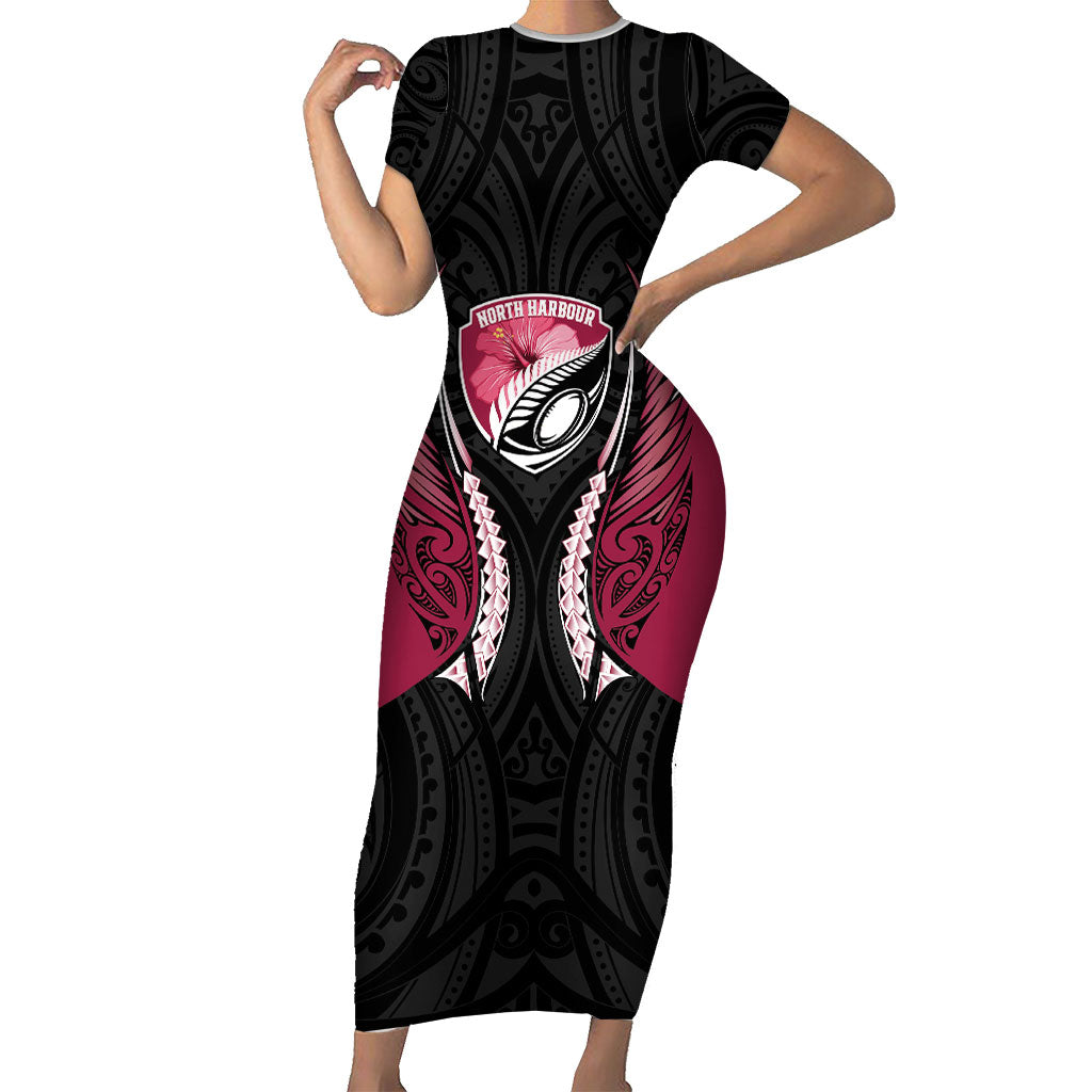 North Harbour 2026 Rugby Custom Family Matching Short Sleeve Bodycon Dress and Hawaiian Shirt NZ Maori Silver Fern LT14 Mom's Dress Maroon - Polynesian Pride