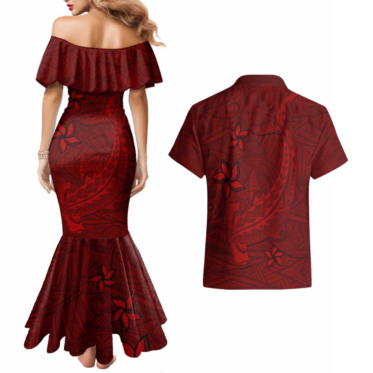 Oxblood Polynesia Couples Matching Mermaid Dress and Hawaiian Shirt Hawaiian Tribal Hammerhead Shark Tattoo